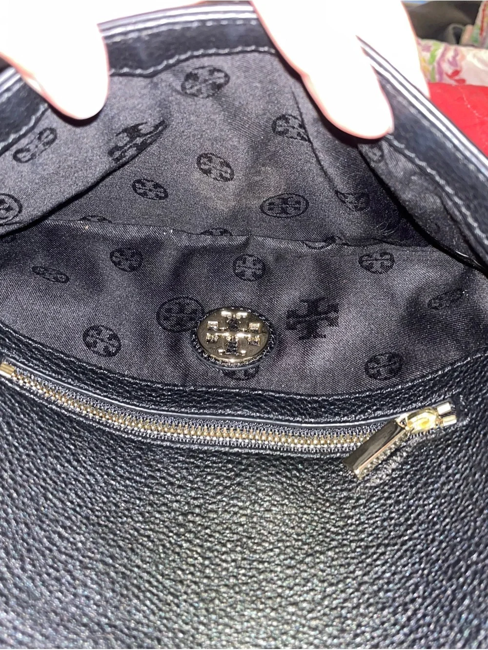 Tory Burch Black Pebbled Leather Chain Crossbody with Gold Logo